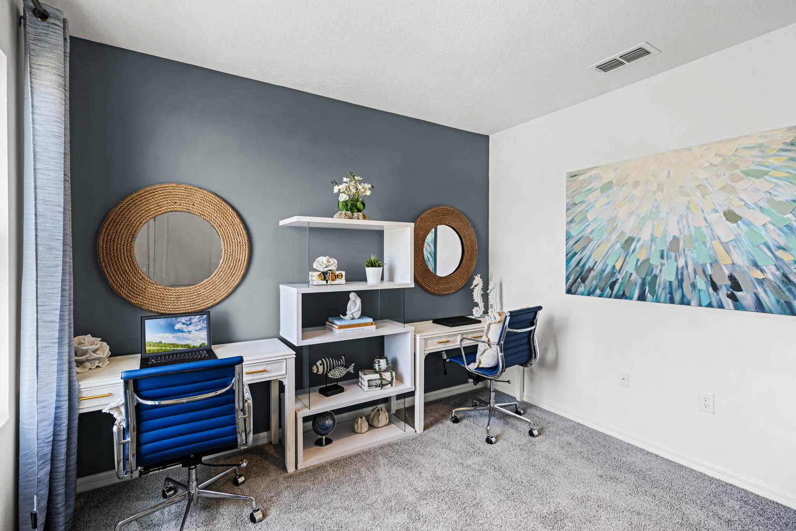 office space 2 desks and carpet throughout