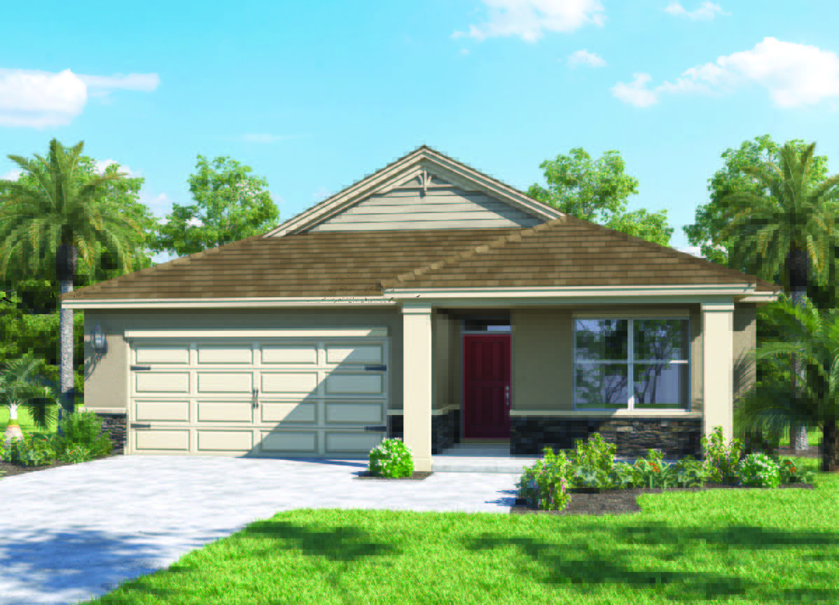 Exterior single family home with two car garage, Front porch and stone exterior