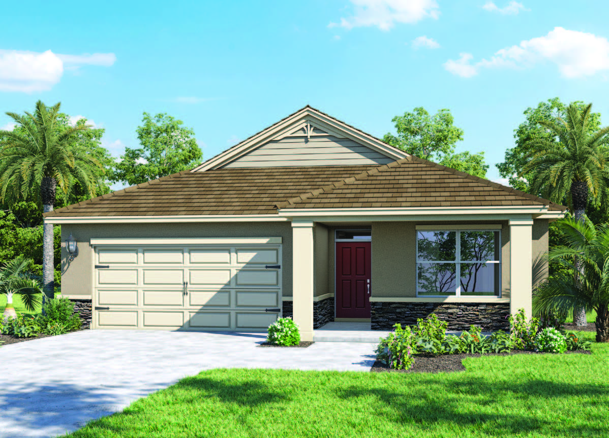 Exterior single family home with two car garage, Front porch and stone exterior