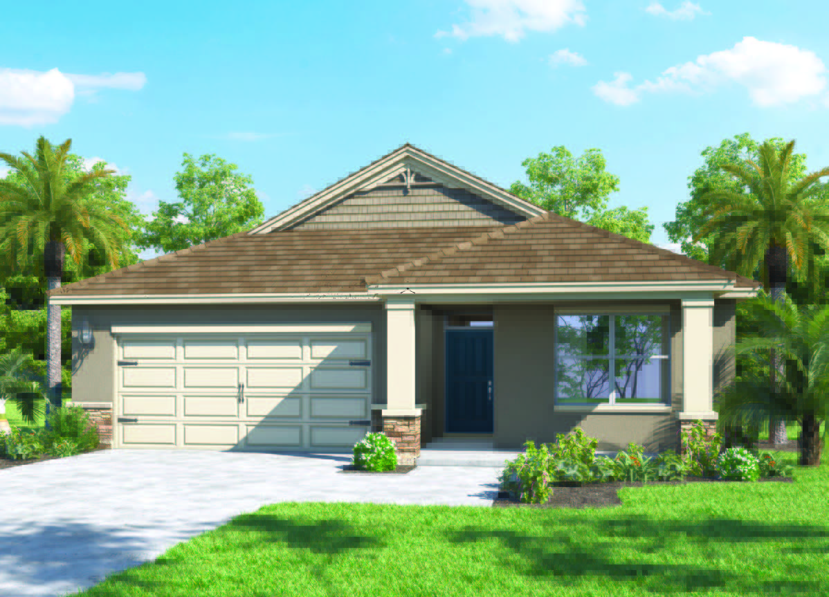 Exterior single family home with two car garage, Front porch and stone exterior