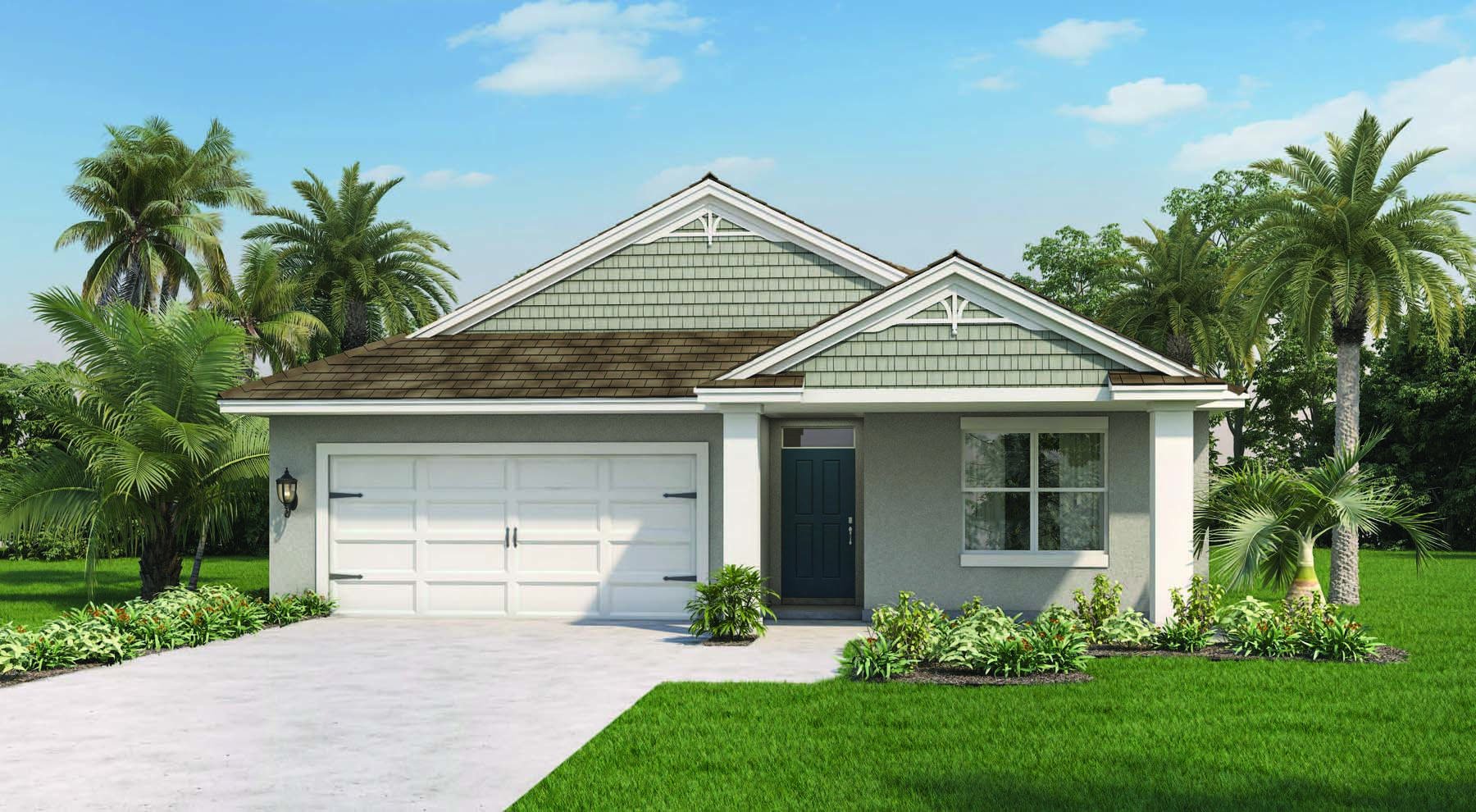 Exterior single family home with two car garage and front porch