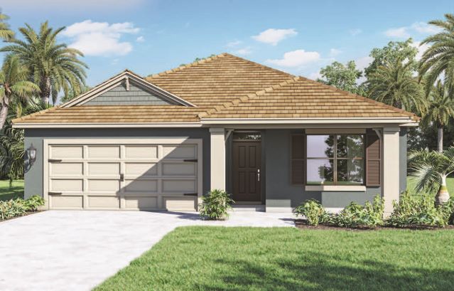Exterior single-family home with two car garage, brown shutters and front porch