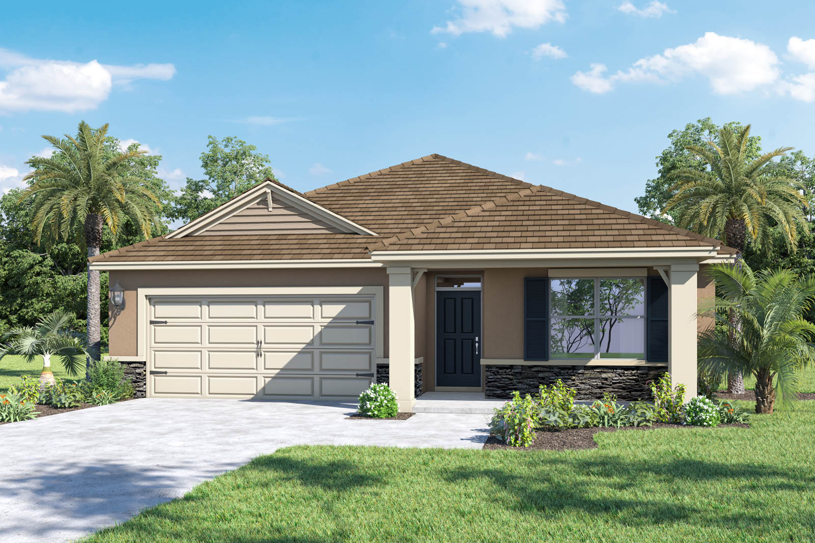 Exterior single family home with two car garage,brown shutters and front porch and stone