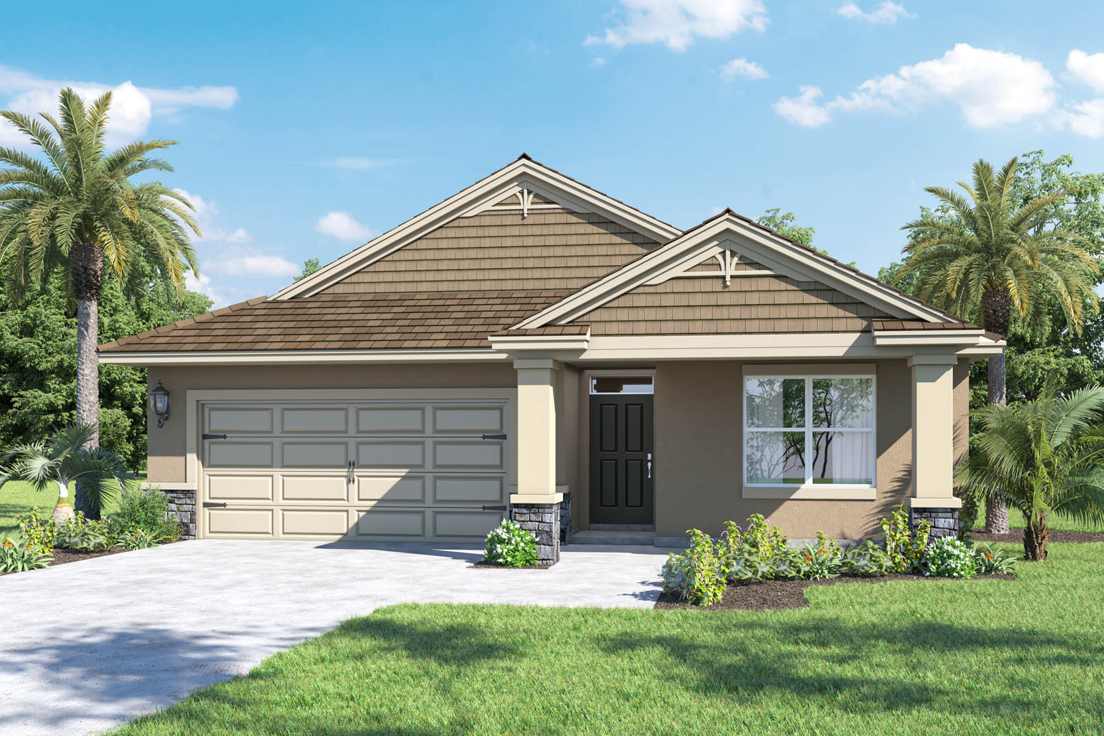 Exterior single family home with two car garage and front porch and stone