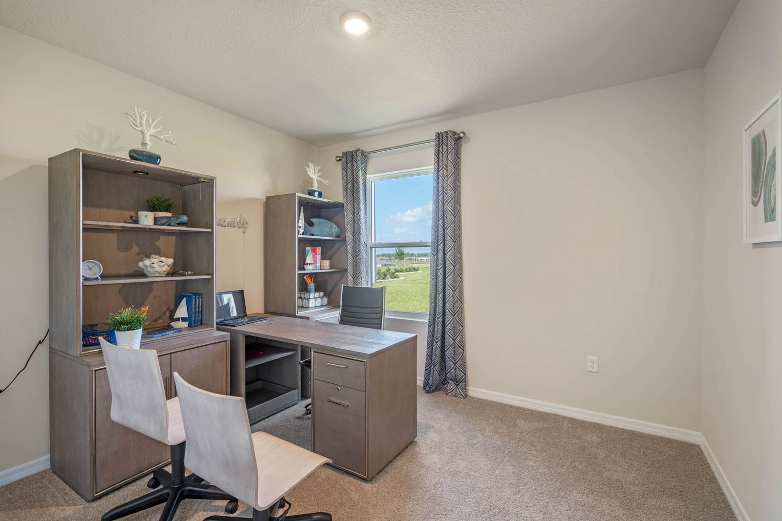 Office with desk and bookshelf and carpet