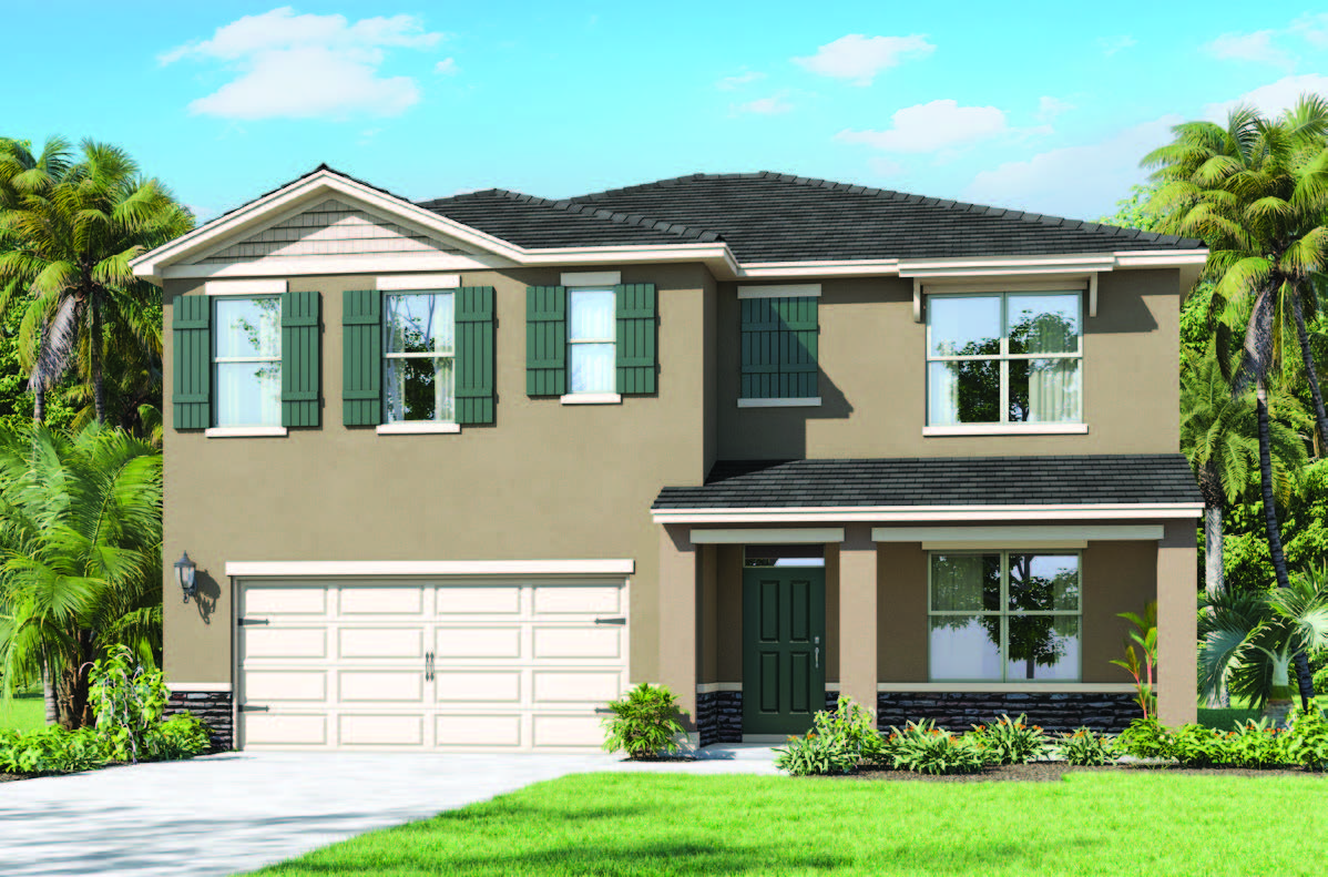 Rendering of a two-story home exterior with shutters and front patio and stone