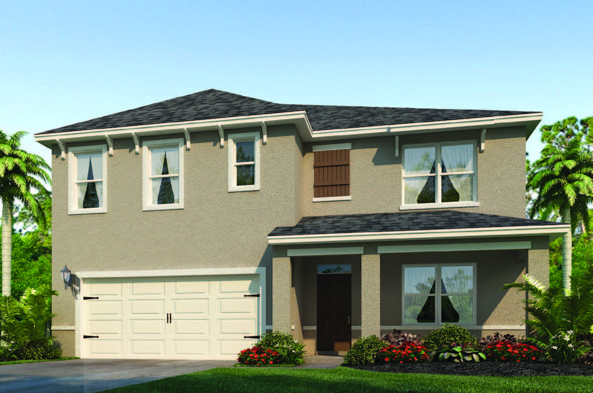 Rendering of a two-story home exterior with front patio