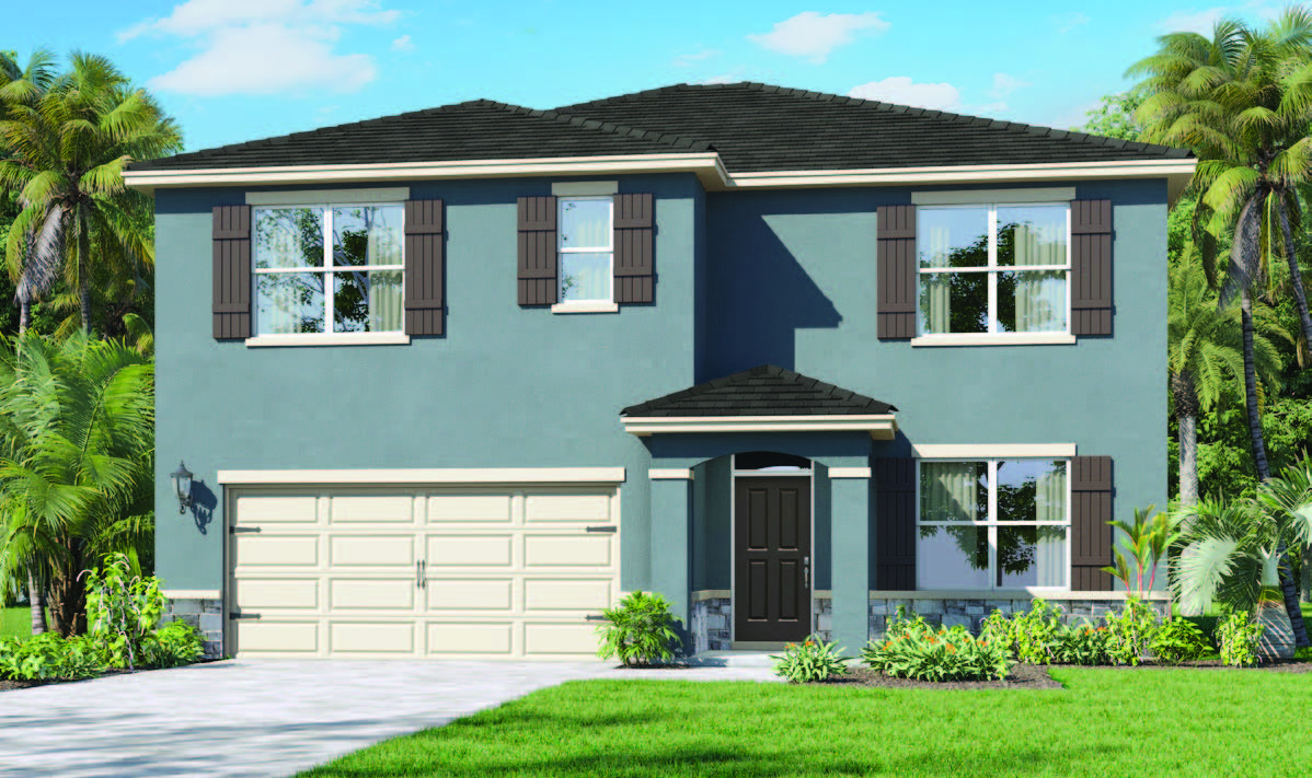 Rendering of a two-story home exterior with shutters and stone