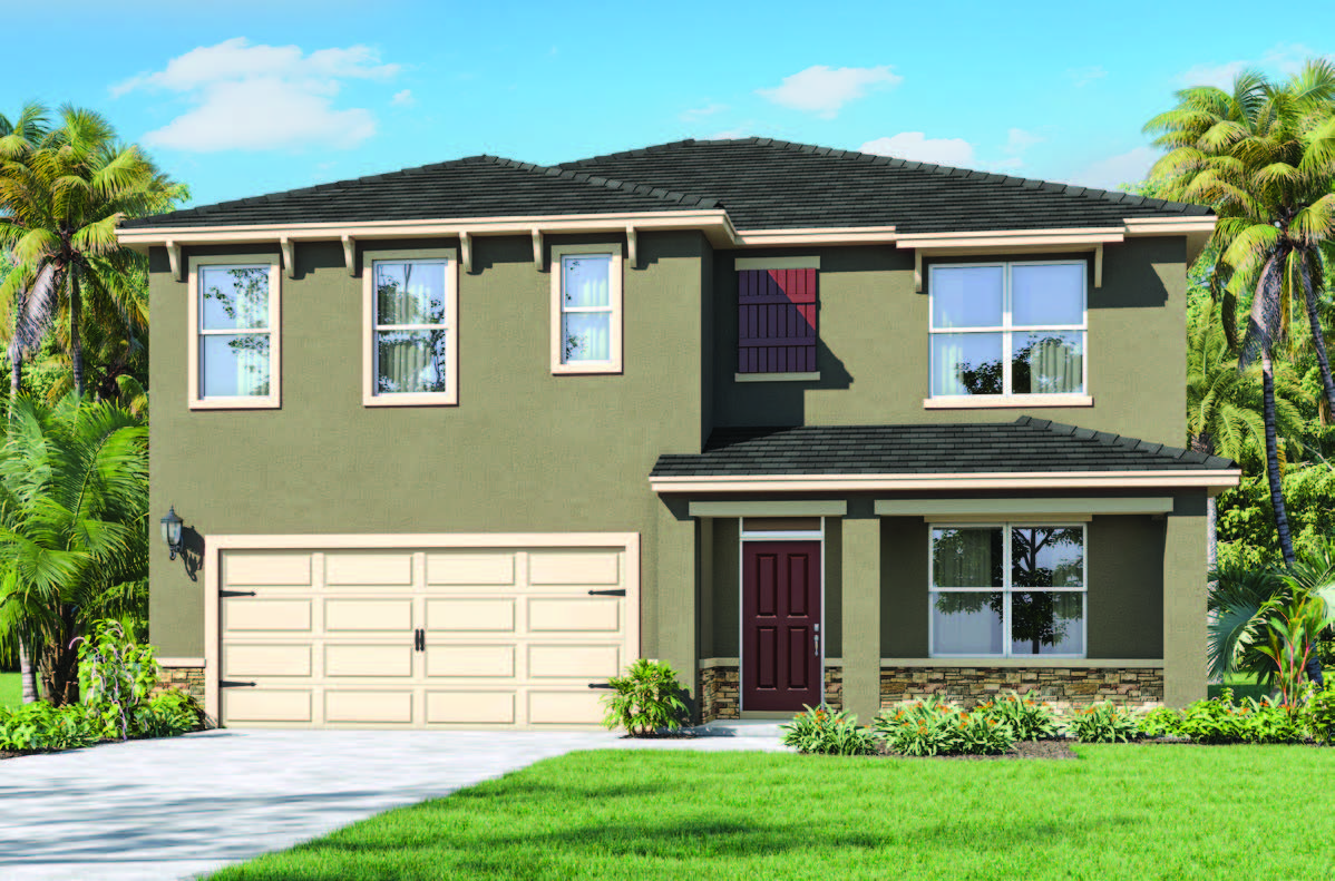 Rendering of a two-story home exterior with front patio and stone