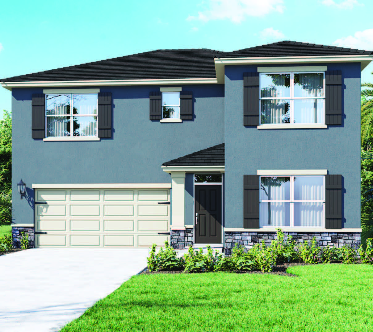 Two story single family home with two car garageand stone