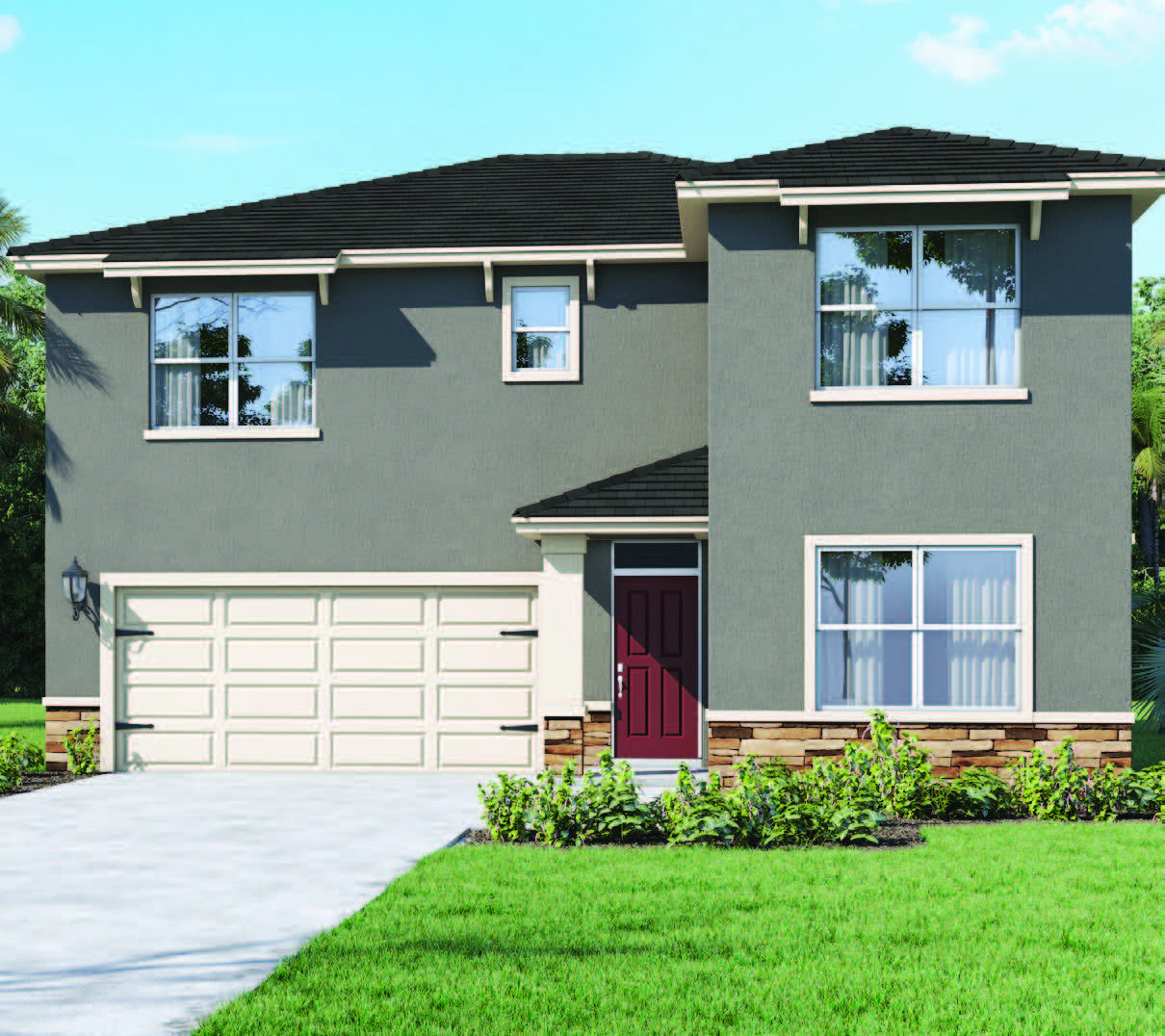 Two story single family home with two car garageand stone