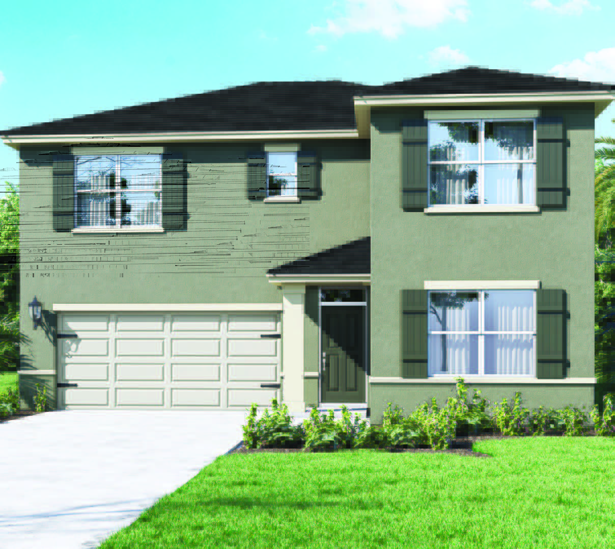 Two story single family home with two car garage with shutters