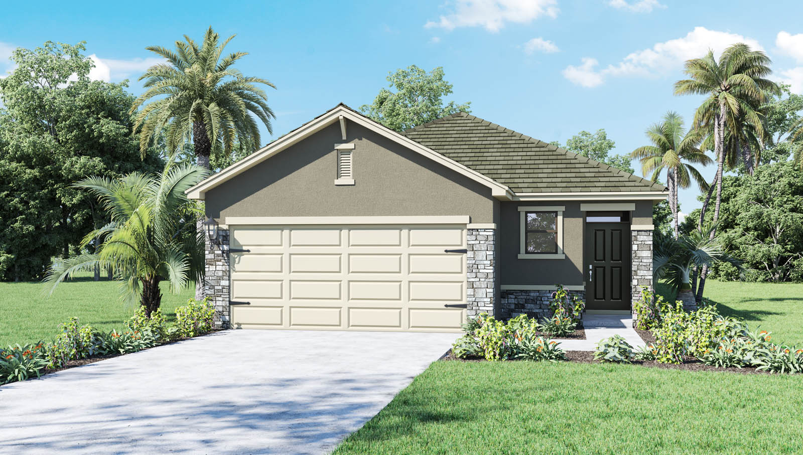 Rendering of a one-story home with stone exterior