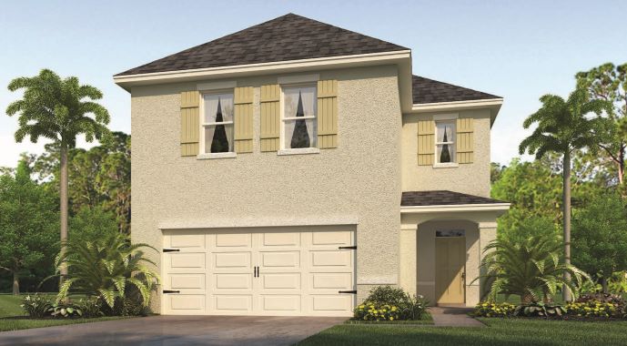 Rendering of two-story home with shutters