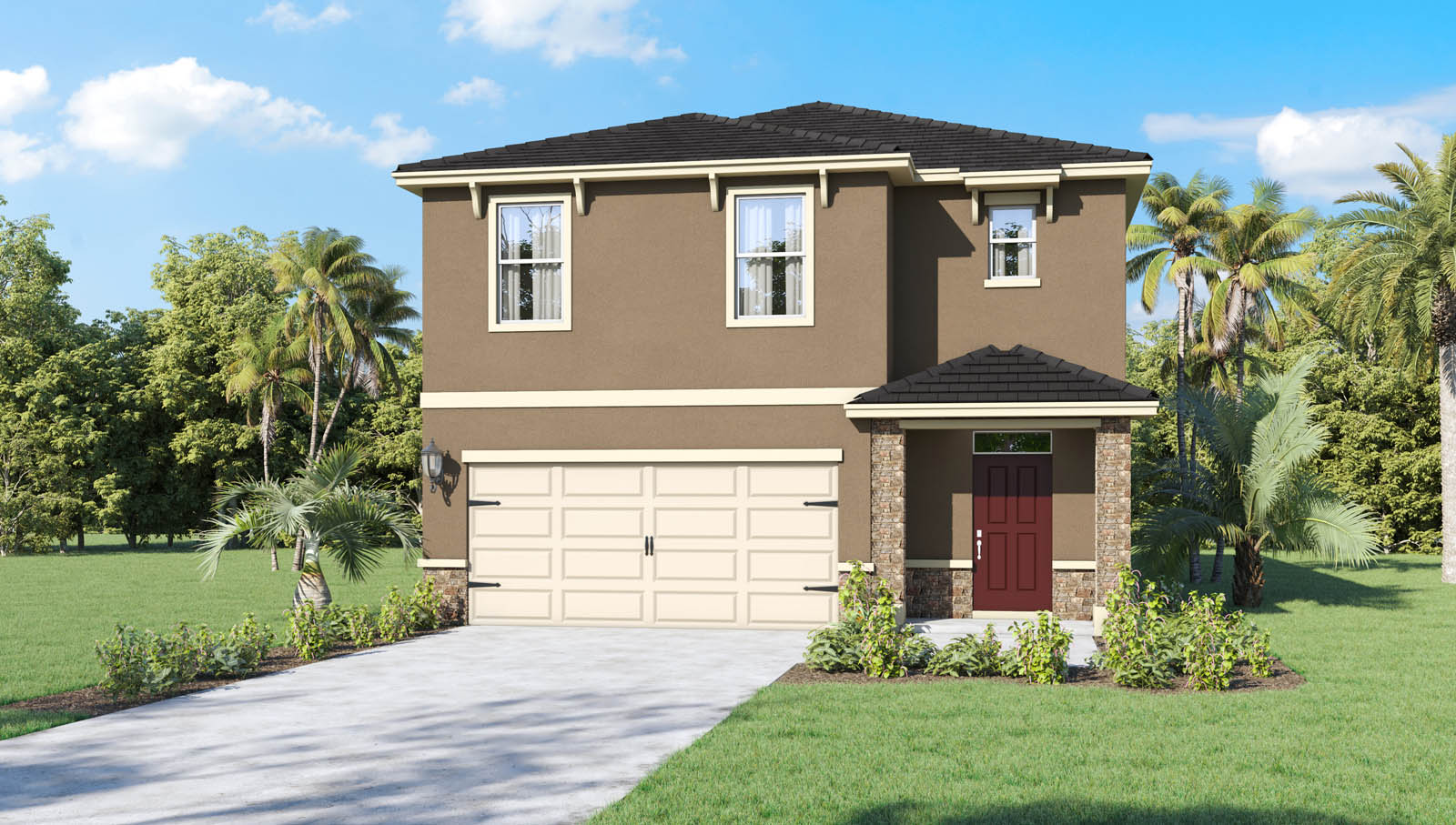 Rendering Two-story home with two-car garage with stone