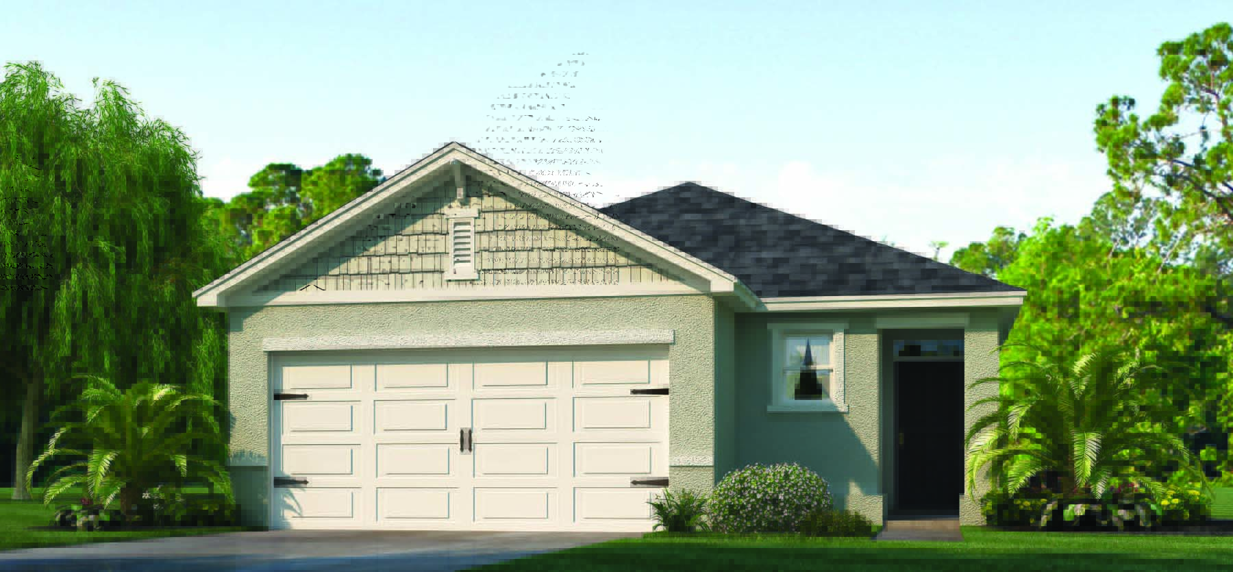 Rendering of a one-story home with pathway to the front door