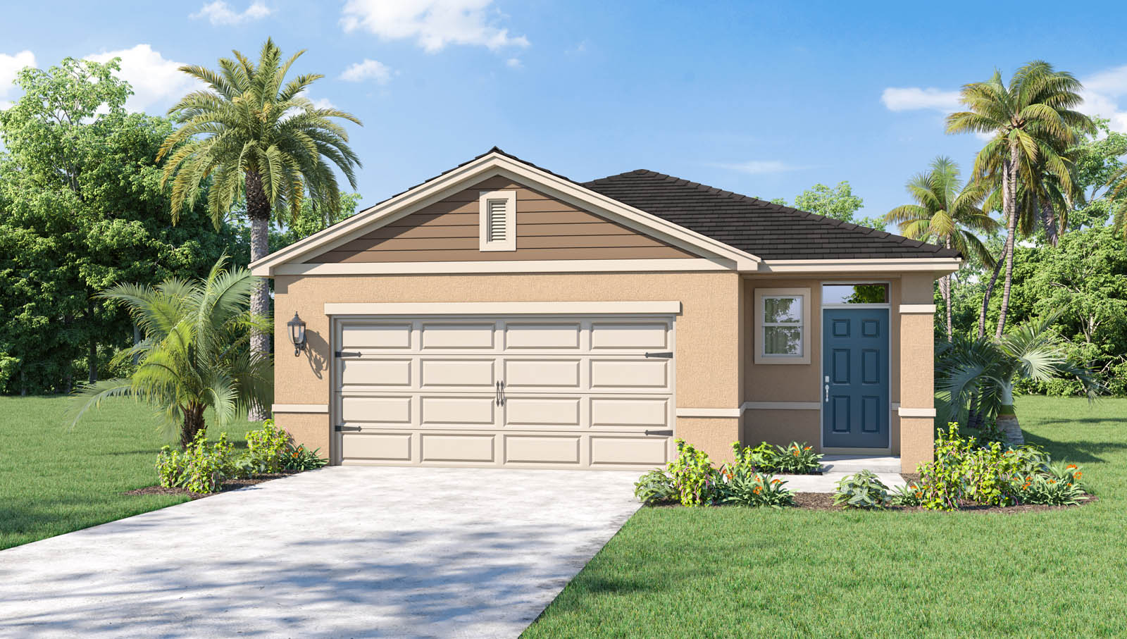 One story home exterior tan color home