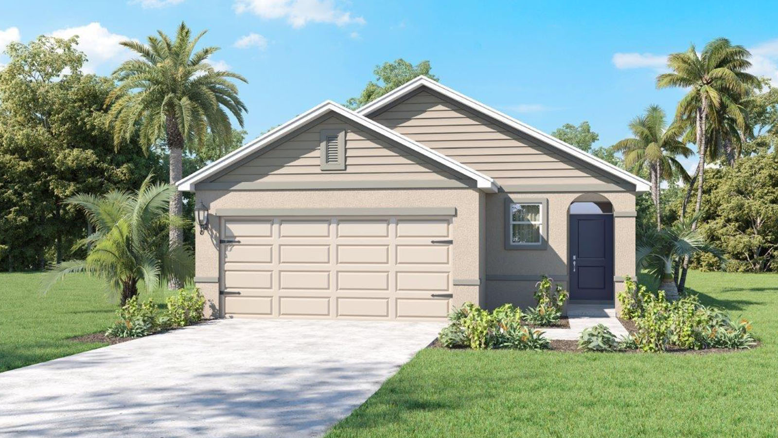 Rendering of a one-story home with pathway to the front door