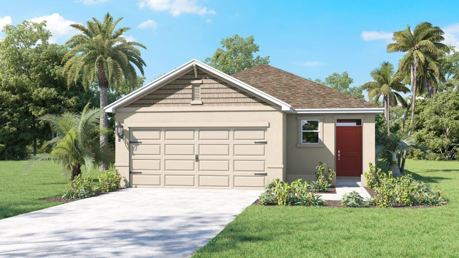 Rendering of a one-story home with pathway to the front door
