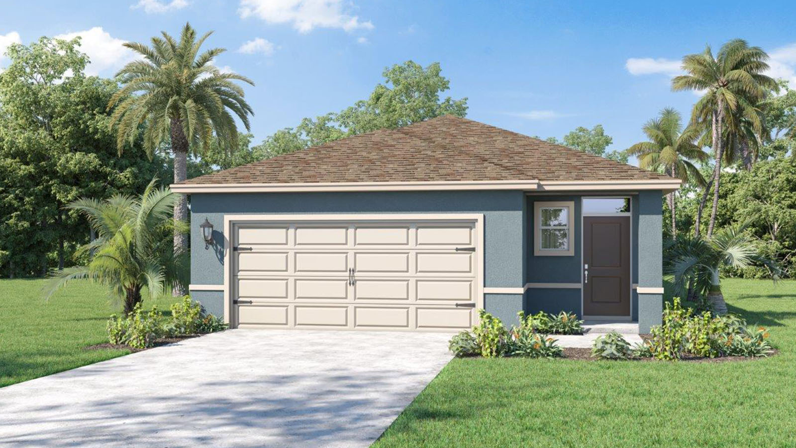 Rendering of One-story home exterior with 2 car garage