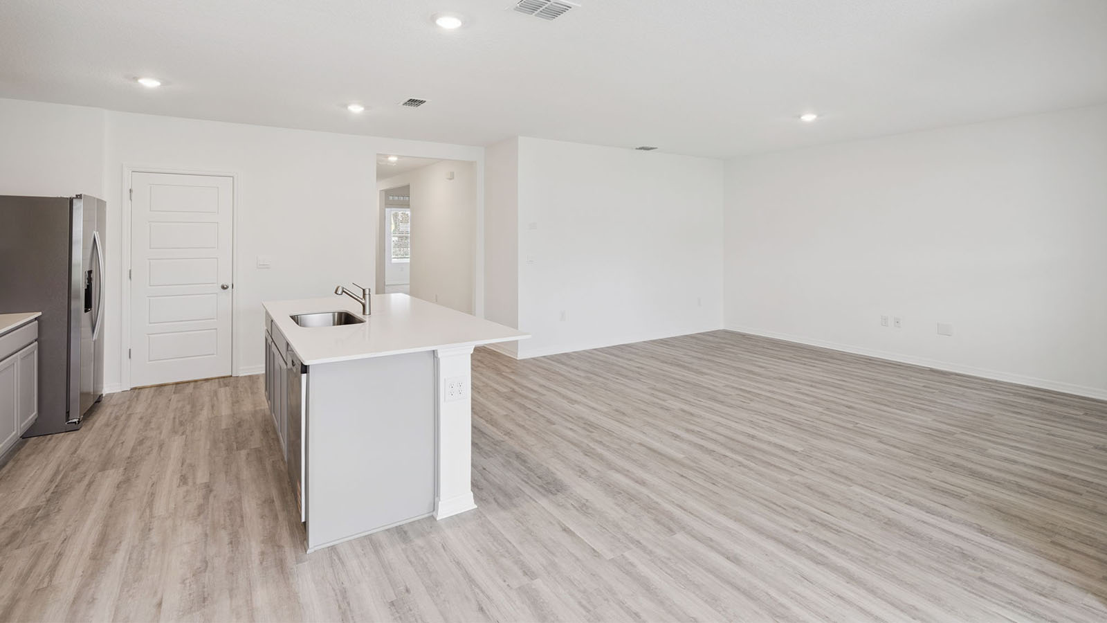 Kitchen island and living room