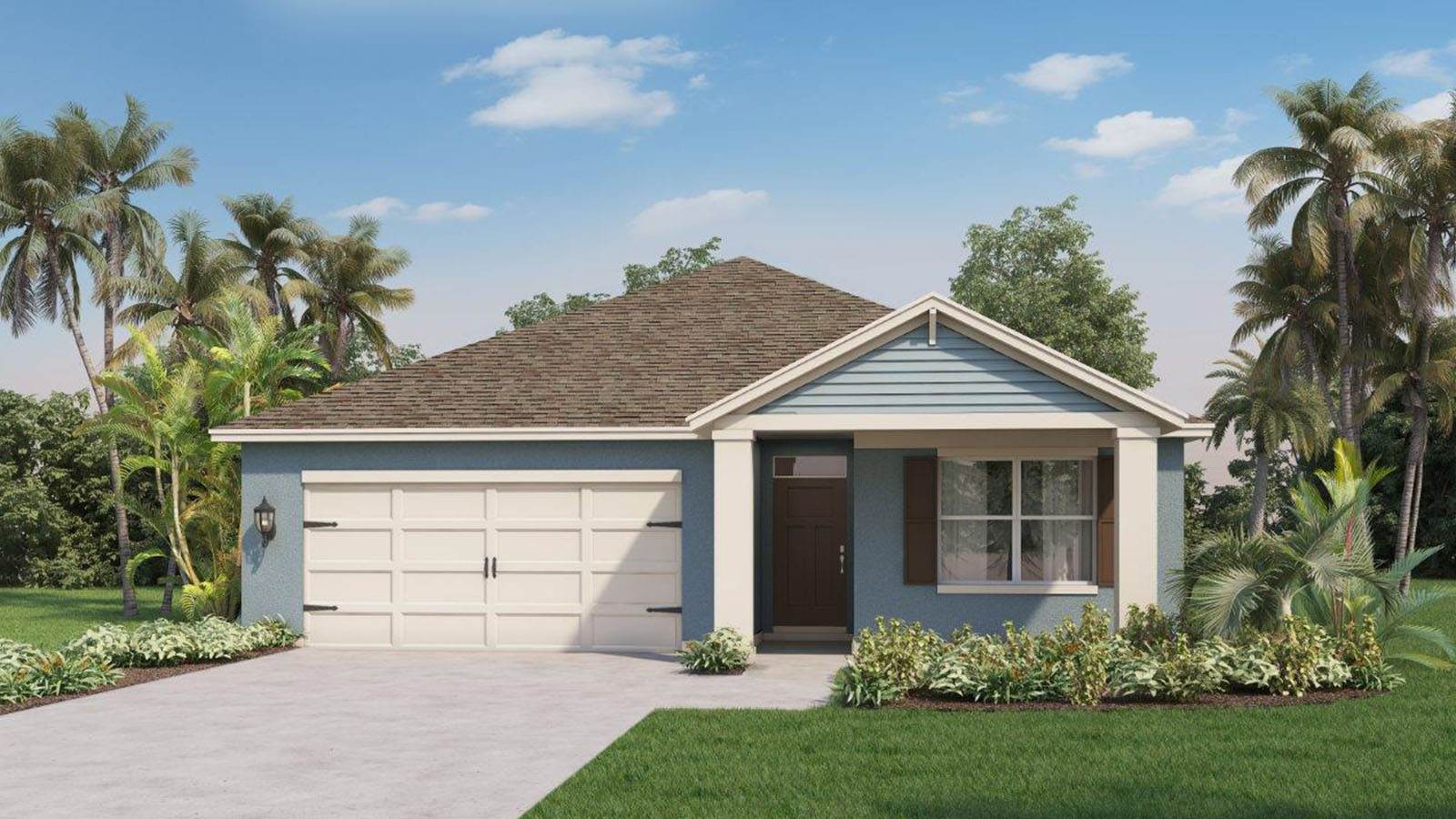 Rendering of one story home with two car garage and front porch