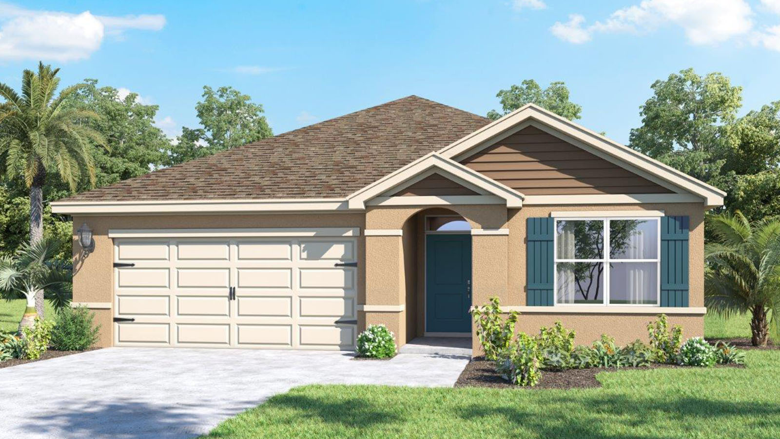 Rendering of one story home with two car garage and blue shutters