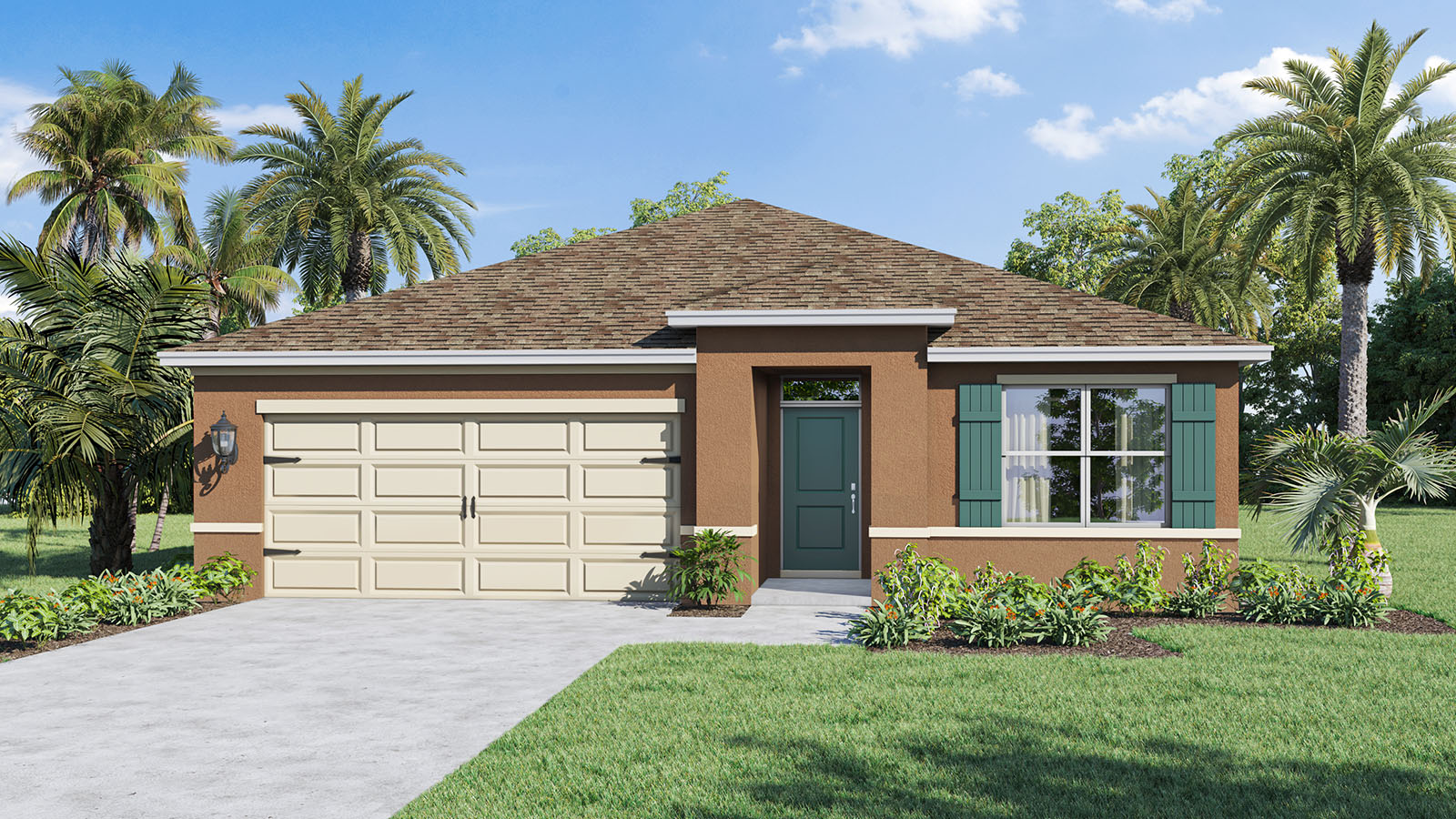 Rendering of one story home with two car garage and tan exterior
