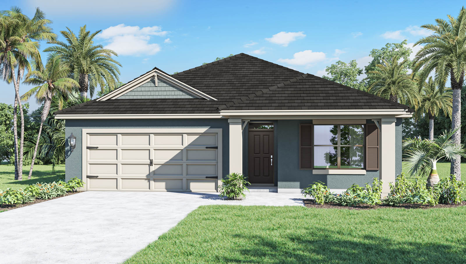 Rendering of a one-story home with front porch