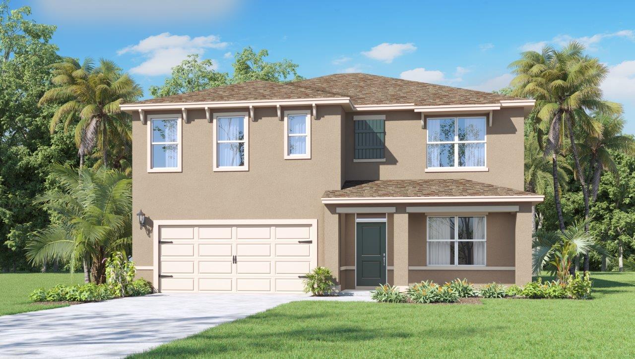 Rendering of Two story single family home with two car garage with tan exterior and front porch