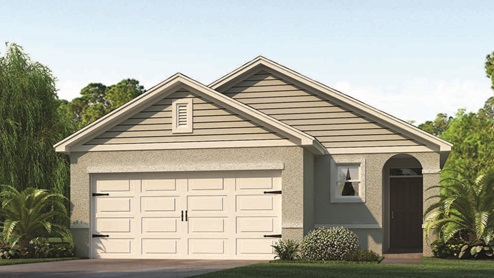 Rendering of one-story home with two car garage