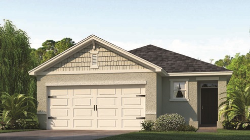 Rendering of one-story home with two car garage