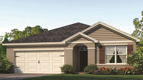 Rendering of one-story home with red shutters exterior