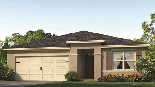 Rendering of one story home with front door entrance in between garage and front window