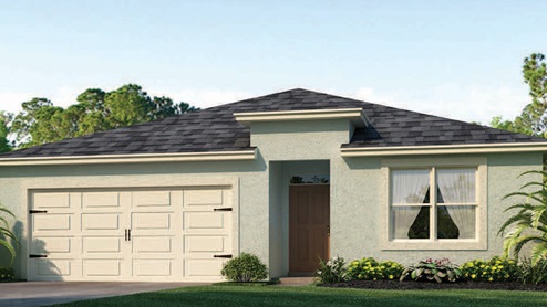 Rendering of a one-story home with light blue exterior color