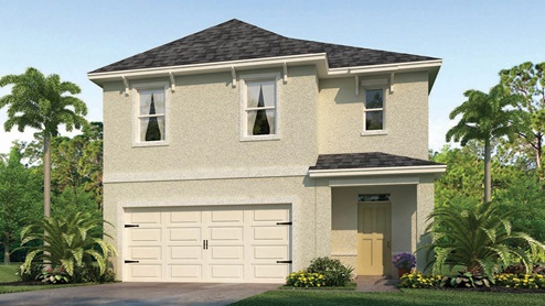 Rendering of two-story home with two car garage