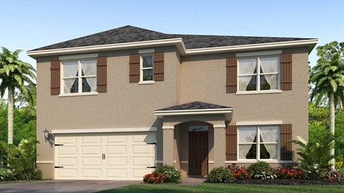 Rendering of two story home with two car garage