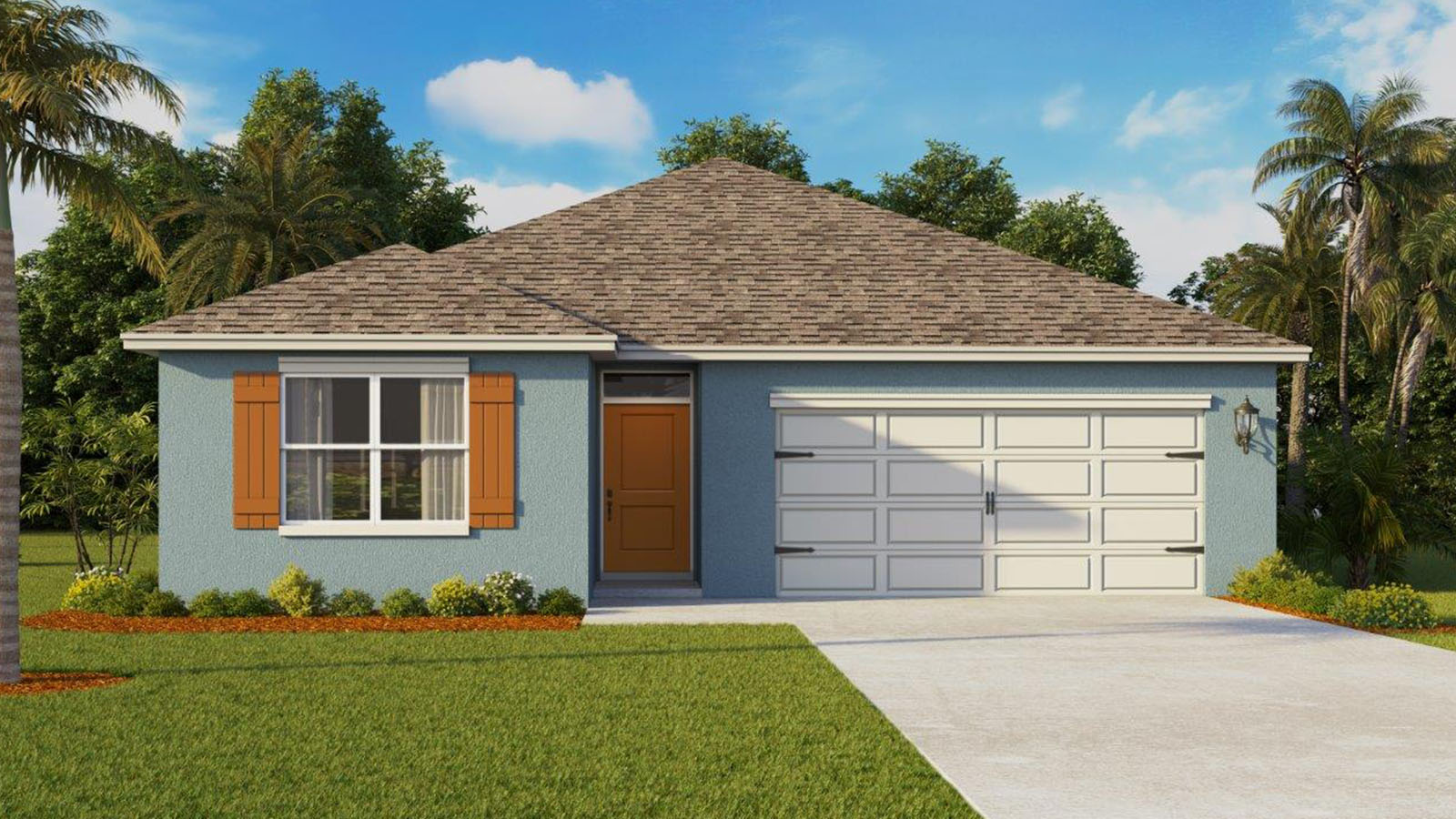 Rendering of One-story home exterior with 2 car garage