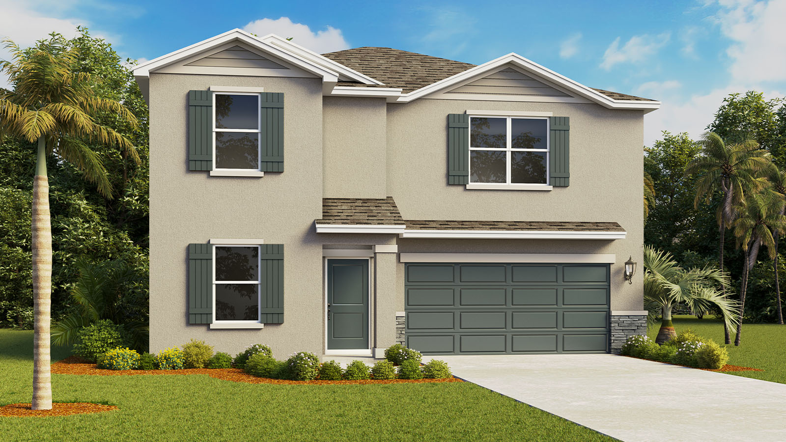 Rendering of Two story home with two car garage and stone exterior