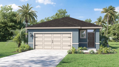 Rendering of one-story home with two car garage and front porch