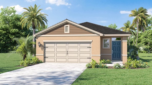 Rendering of one-story home with tan exterior