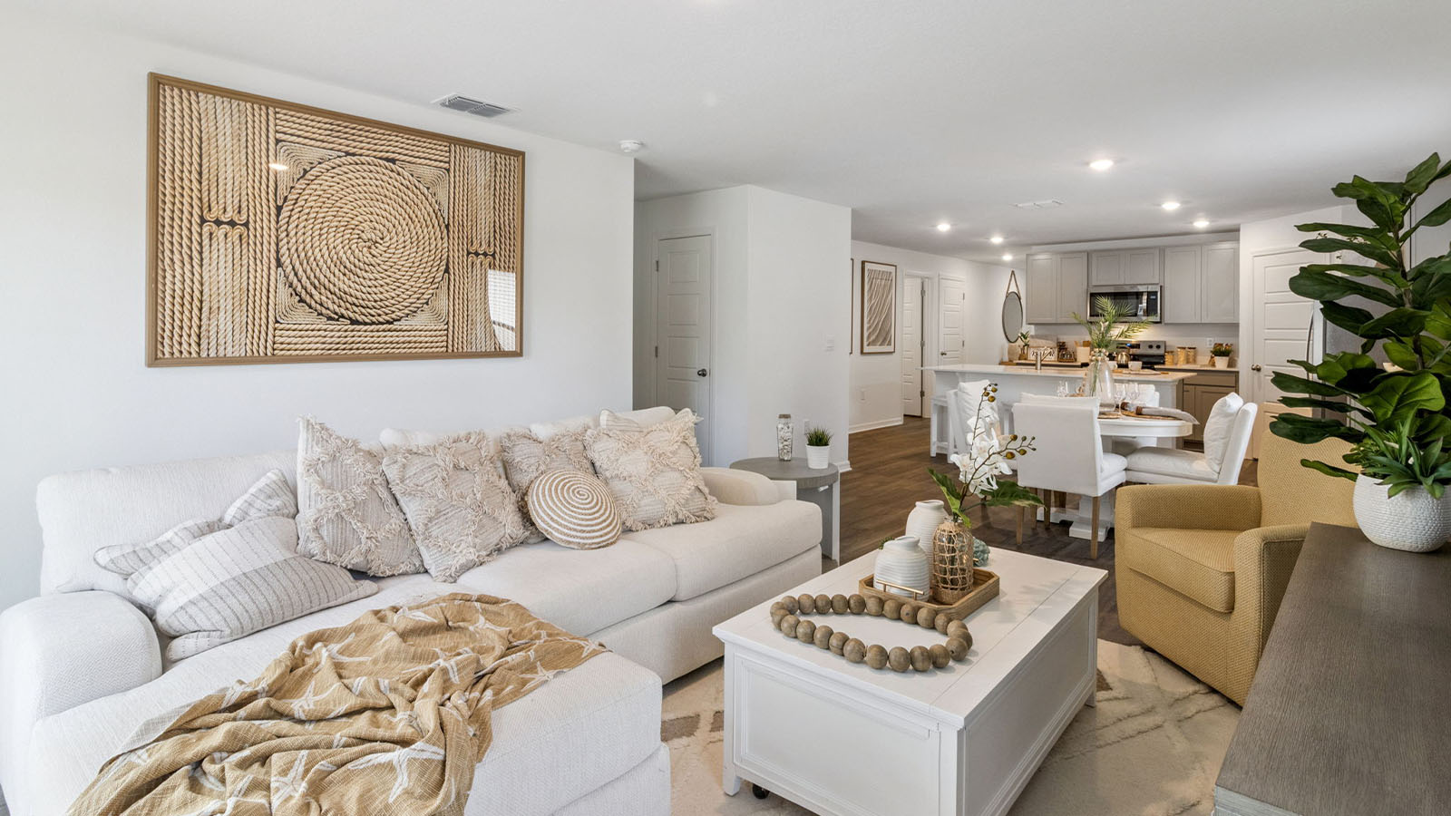 Living room open to the dining room and kitchen