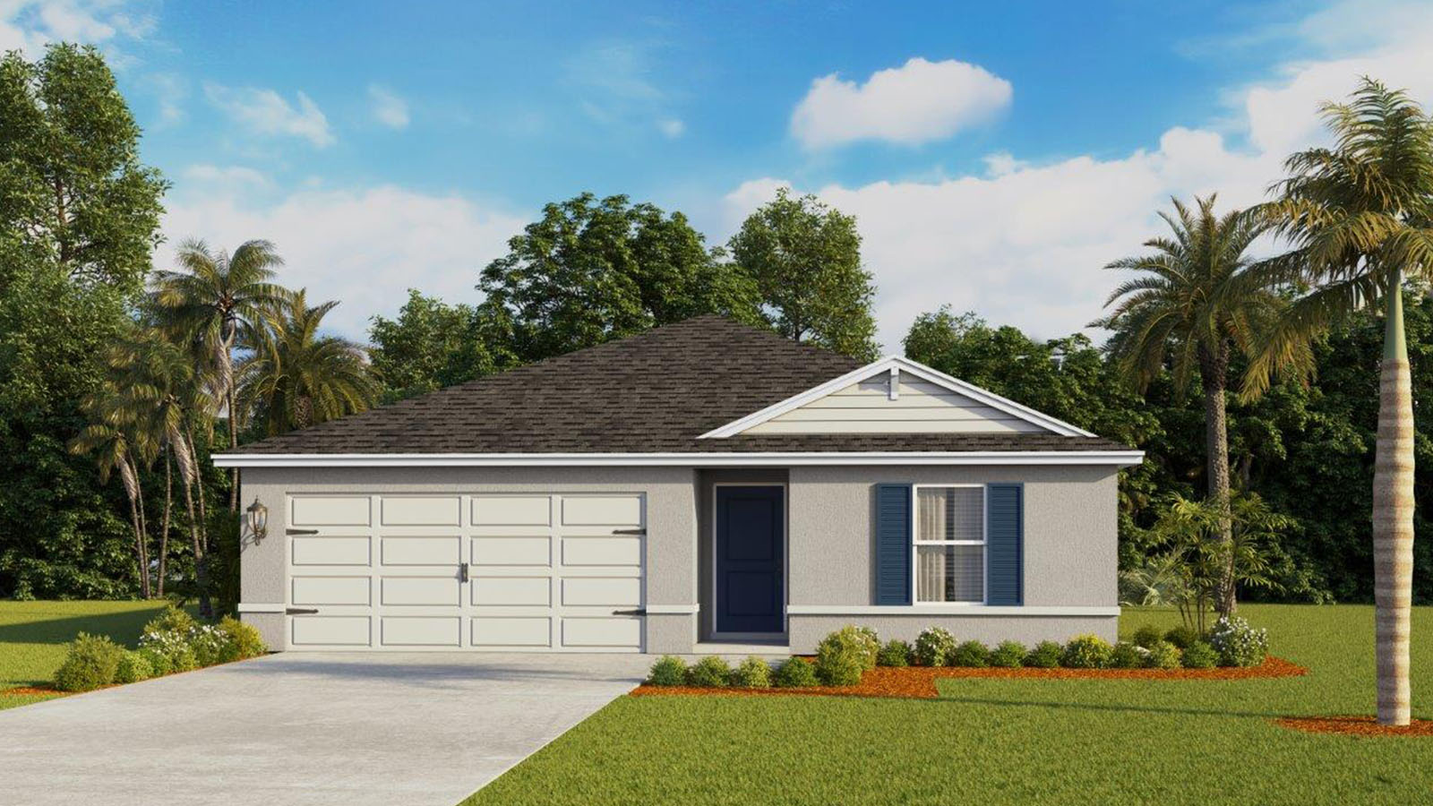 Rendering of a one story home with white exterior