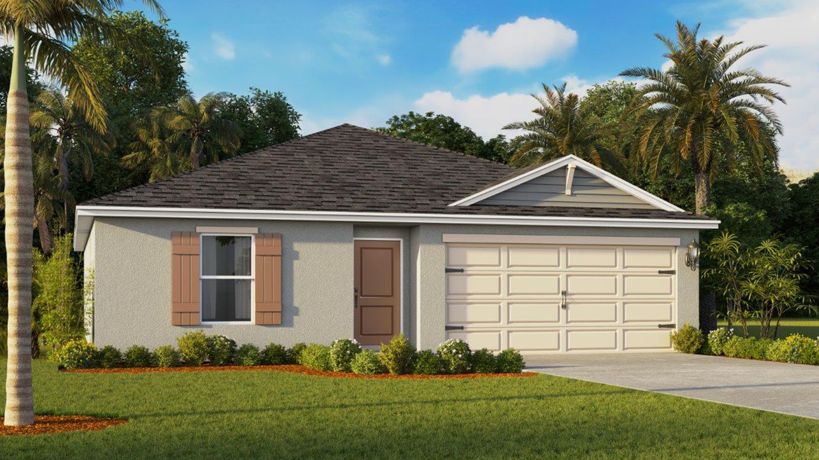 Rendering of One-story home exterior with 2 car garage and white exterior