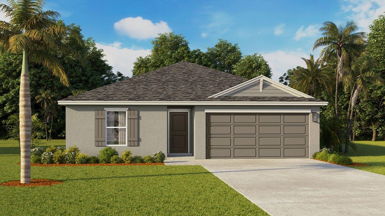 Rendering of One-story home exterior with 2 car garage