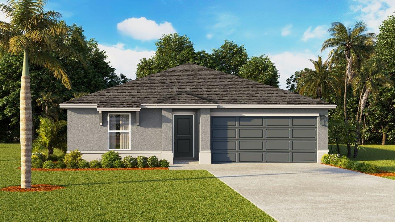 Rendering of One-story home exterior with 2 car garage