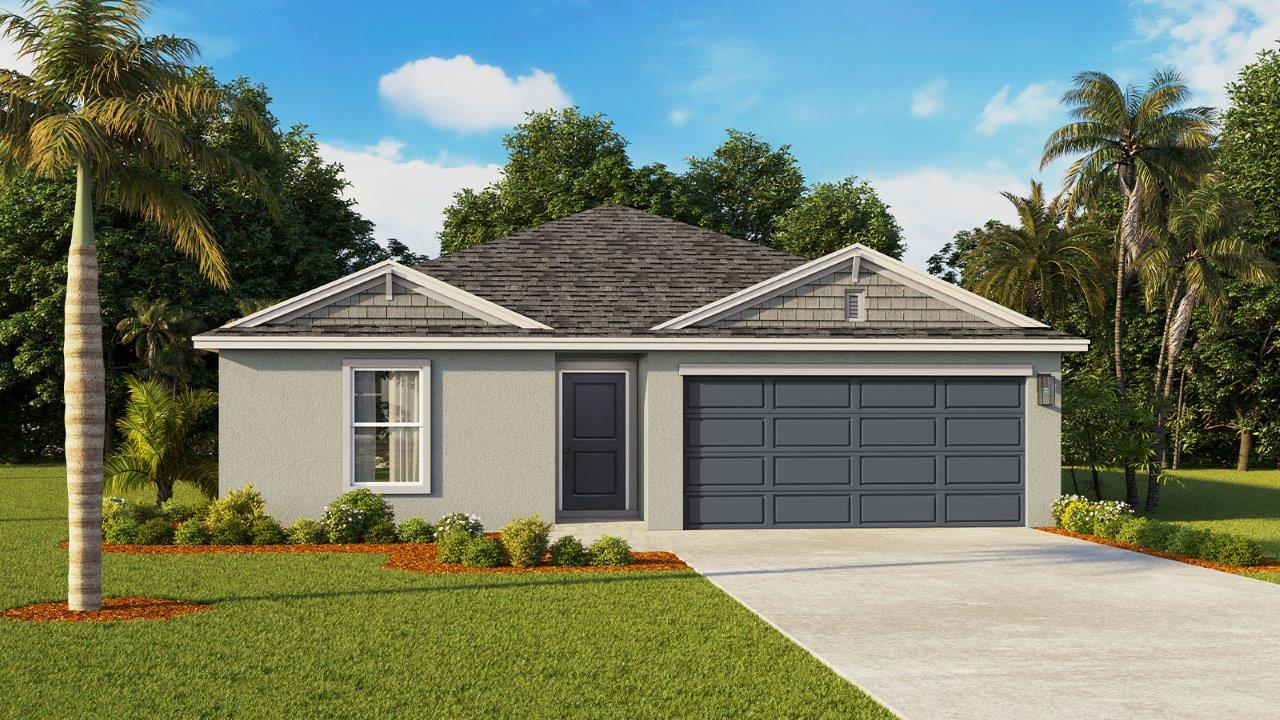 Rendering of One-story home exterior with 2 car garage