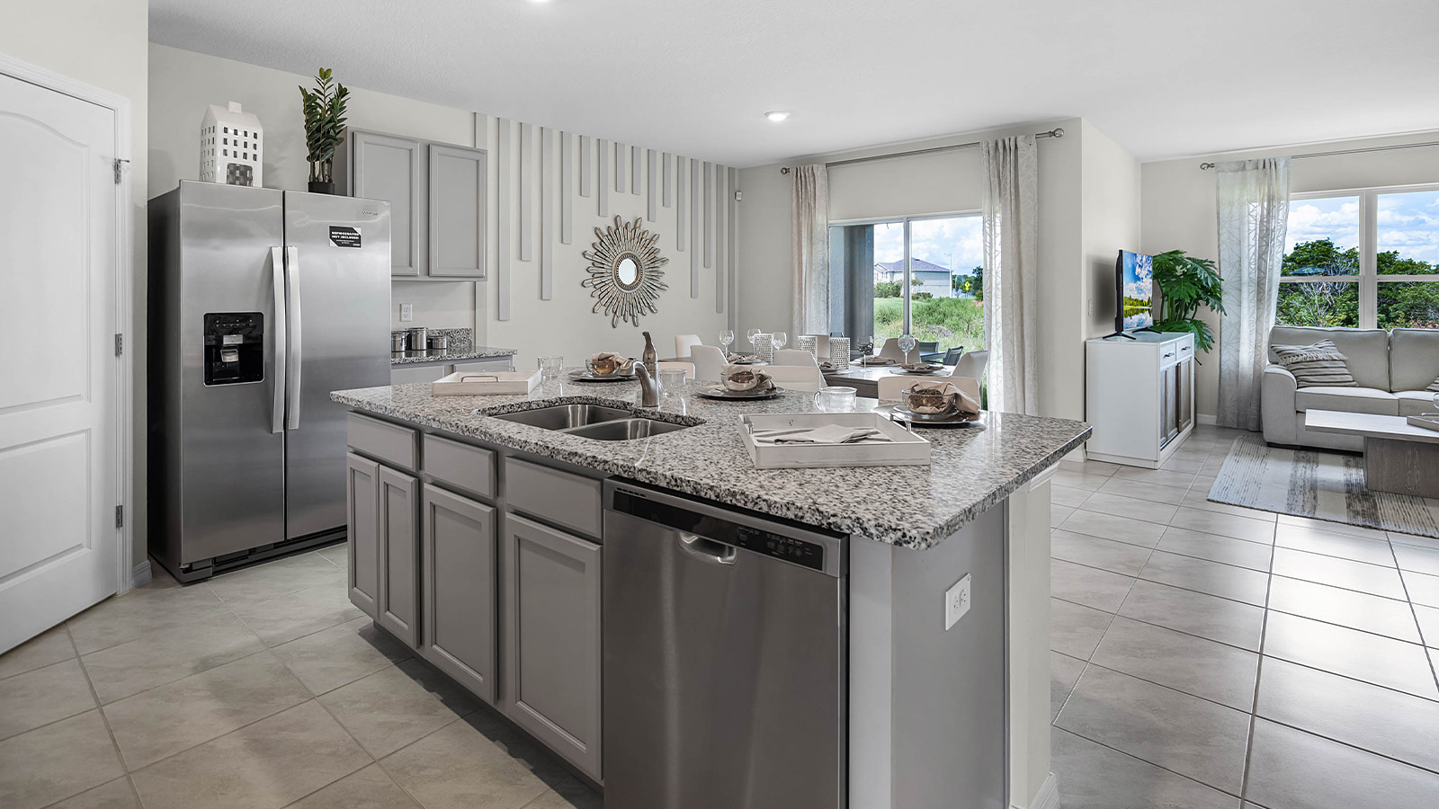 Kitchen view of the dining table and living room