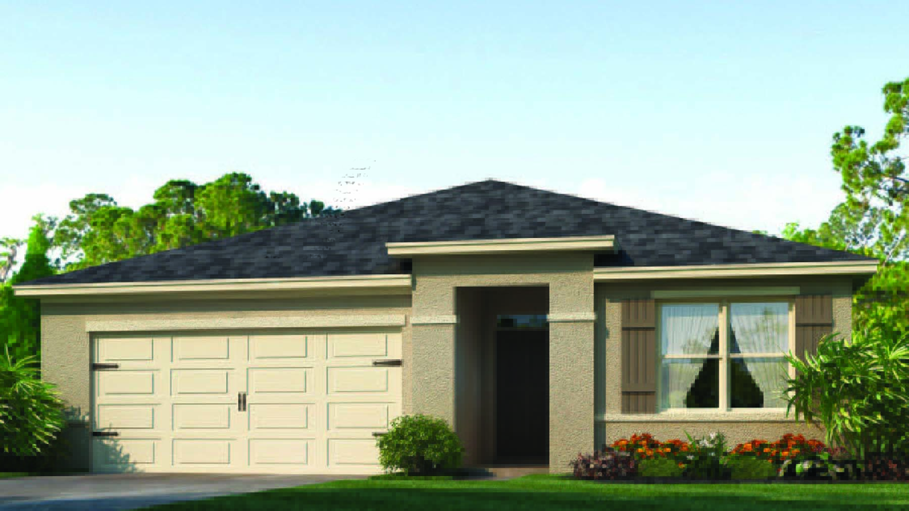 Rendering Exterior image of single family home with two car garage