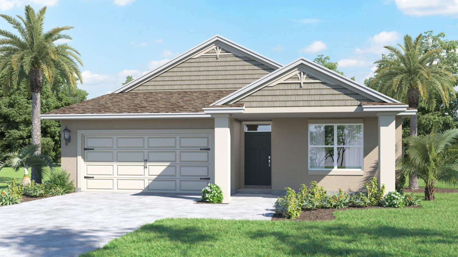 exterior rendering of one story home with front porch and two car garage